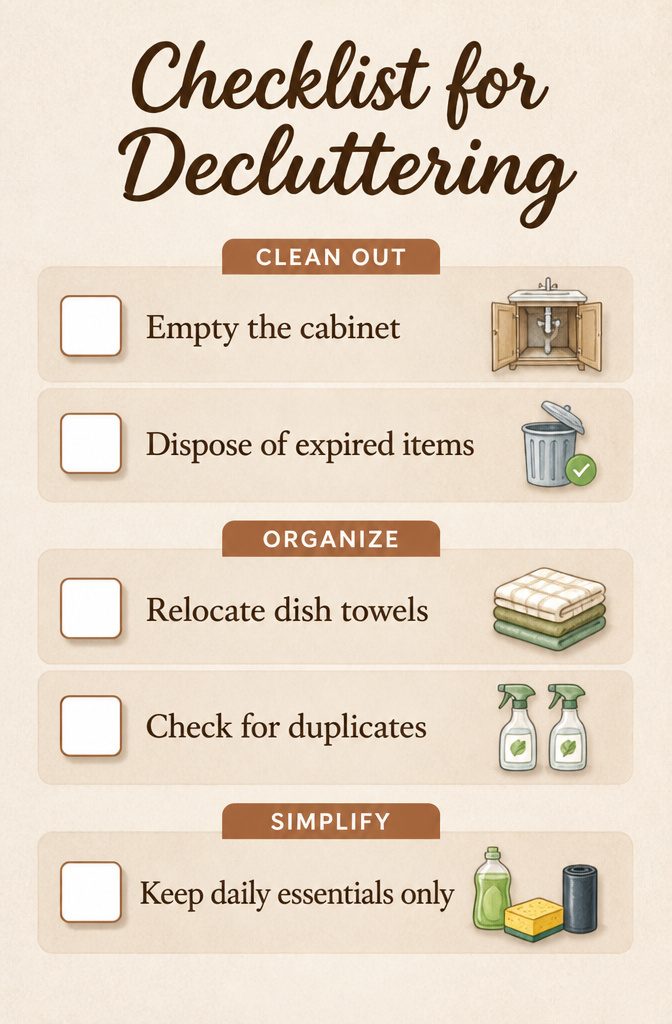 Under Sink Cabinet Organization Ideas for Kitchens and Bathrooms 11 Checklist for decluttering items under a kitchen sink.