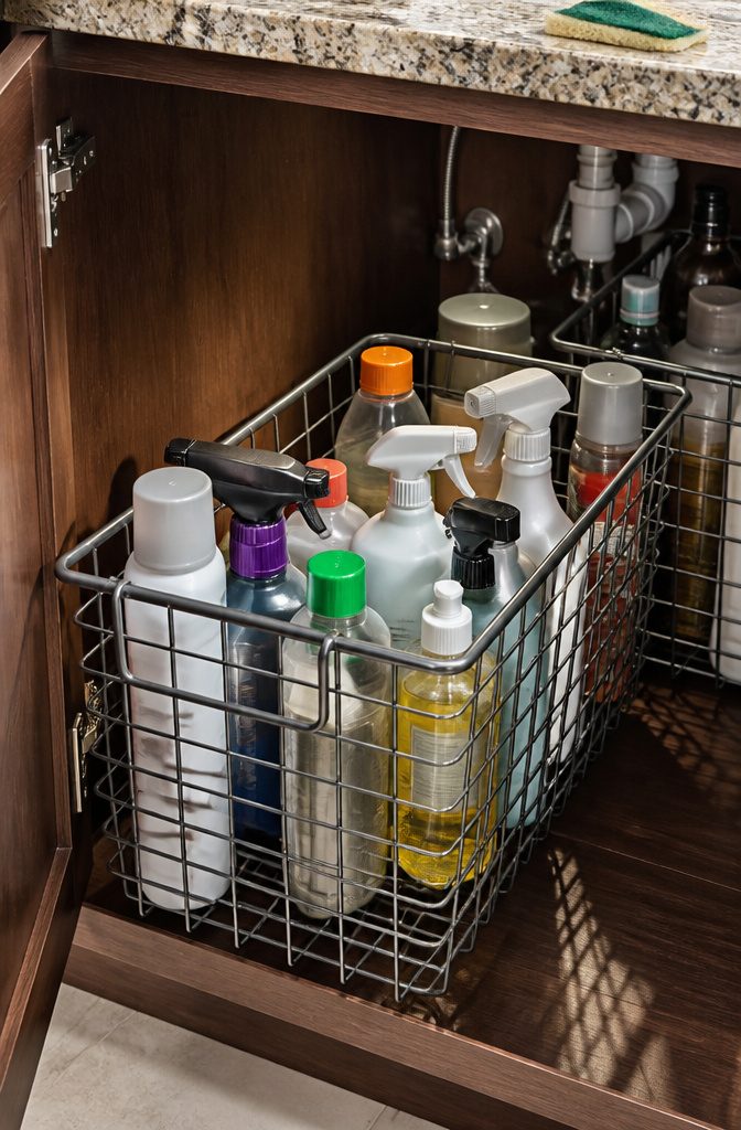 Under Sink Cabinet Organization Ideas for Kitchens and Bathrooms 4 Deep baskets containing bottles and cleaning supplies under a sink.