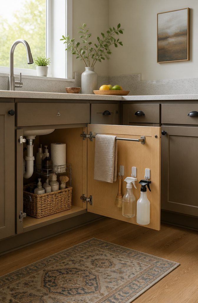 Under Sink Cabinet Organization Ideas for Kitchens and Bathrooms 7 Organizers attached to the inside of a cabinet door for cleaning items.