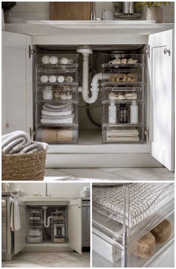 Under Sink Cabinet Organization Ideas for Kitchens and Bathrooms 6 Modular stacking drawers arranged around plumbing in an under-sink cabinet.