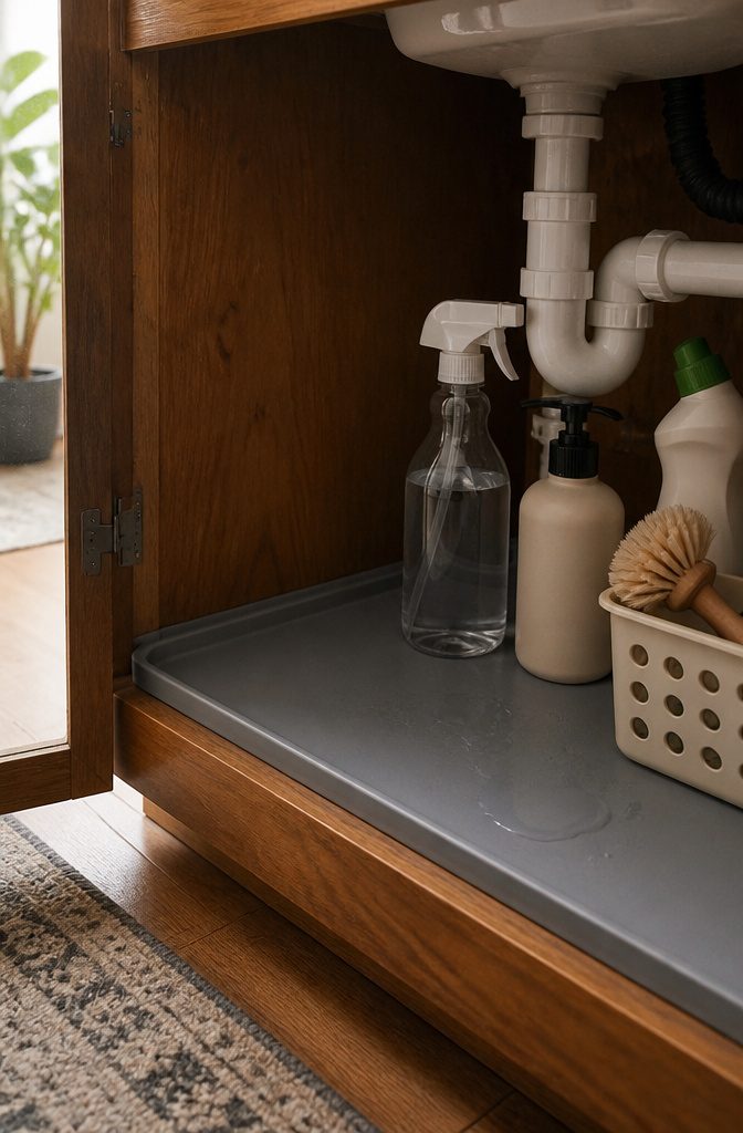 Under Sink Cabinet Organization Ideas for Kitchens and Bathrooms 5 Silicone liner with raised lip fitted in an under-sink cabinet.