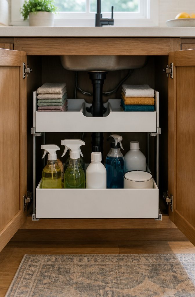 Under Sink Cabinet Organization Ideas for Kitchens and Bathrooms 2 Under-sink cabinet with pull-out drawers for cleaning supplies and towels.