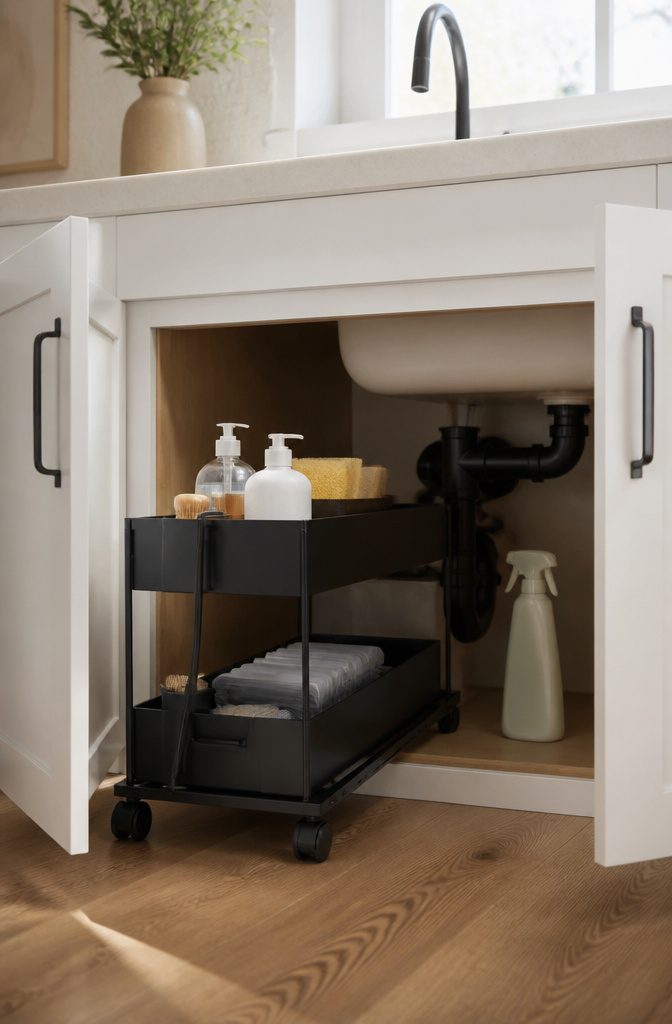 Under Sink Cabinet Organization Ideas for Kitchens and Bathrooms 9 Rolling organizer with cleaning supplies sliding out from under a cabinet.
