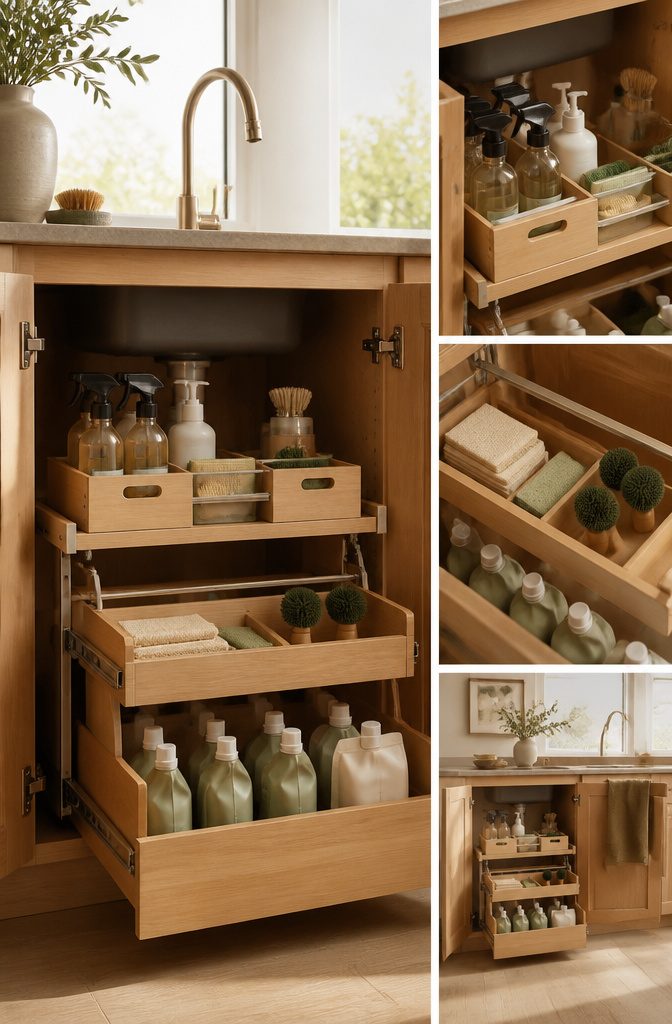 How to Organize Under the Kitchen Sink 11 A repurposed soda can holder used for storing cleaning brushes.