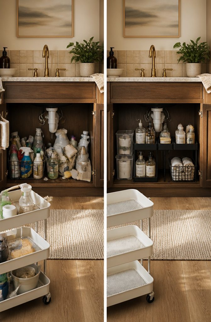 How to Organize Under the Kitchen Sink 3 Various cleaning products and bottles removed from a kitchen sink cabinet.