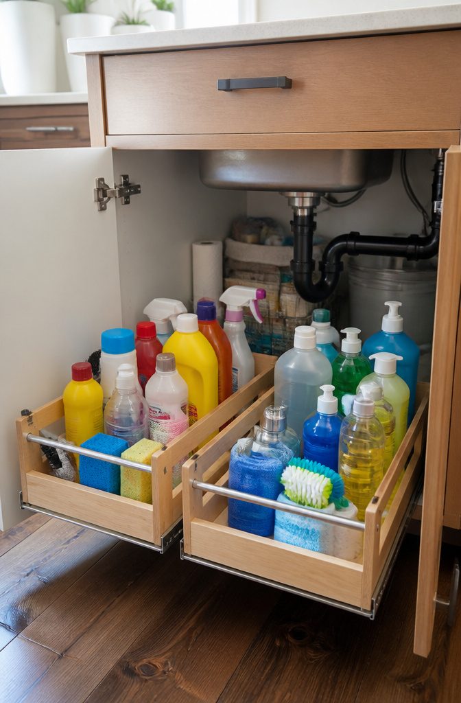 How to Organize Under the Kitchen Sink 5 Wheeled organizers with dividers for cleaning supplies under a kitchen sink.
