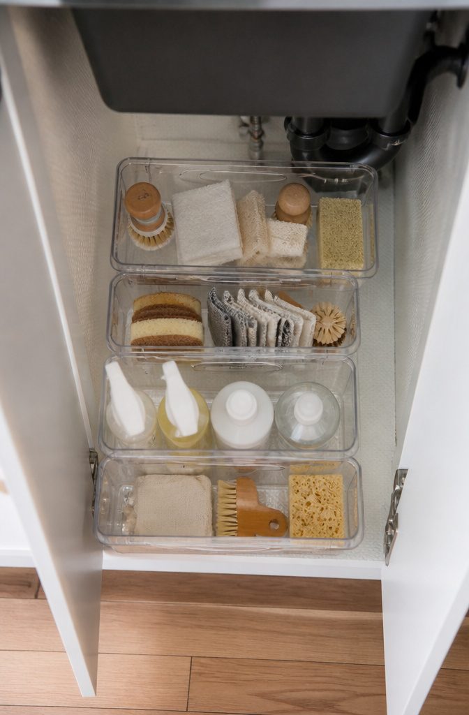 How to Organize Under the Kitchen Sink 6 Stackable acrylic drawers of different heights placed under a sink.