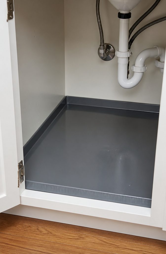 How to Organize Under the Kitchen Sink 2 A waterproof silicone liner fitted inside a kitchen sink cabinet.
