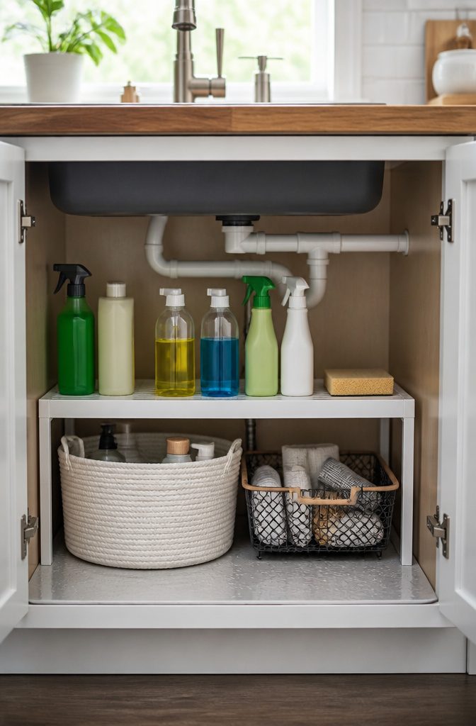 How to Organize Under the Kitchen Sink 8 A neatly arranged under-sink cabinet showcasing cleaning supplies and a liner.