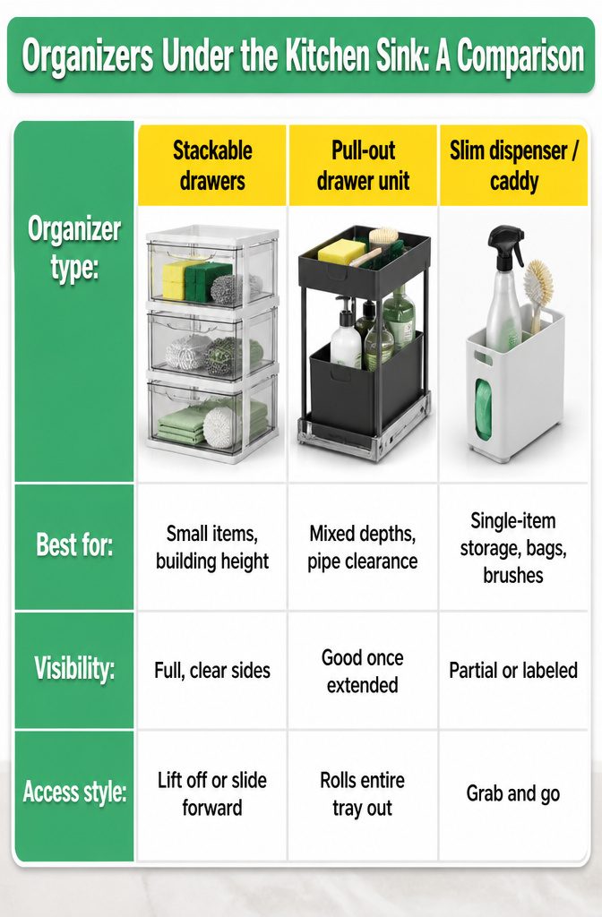 How to Organize Under the Kitchen Sink 10 A chart comparing various organizers for under the kitchen sink.