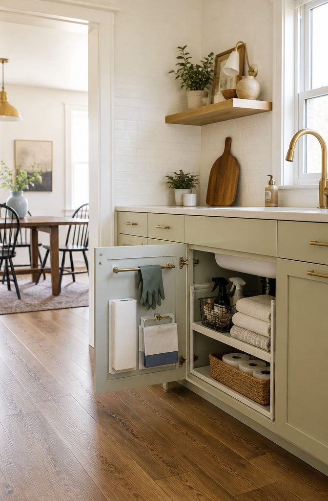How to Organize Under the Kitchen Sink 7 A cabinet door with hooks for dishwashing gloves and a grocery bag dispenser.