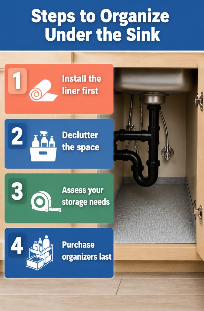 How to Organize Under the Kitchen Sink 9 A visual guide listing steps for organizing under the kitchen sink.
