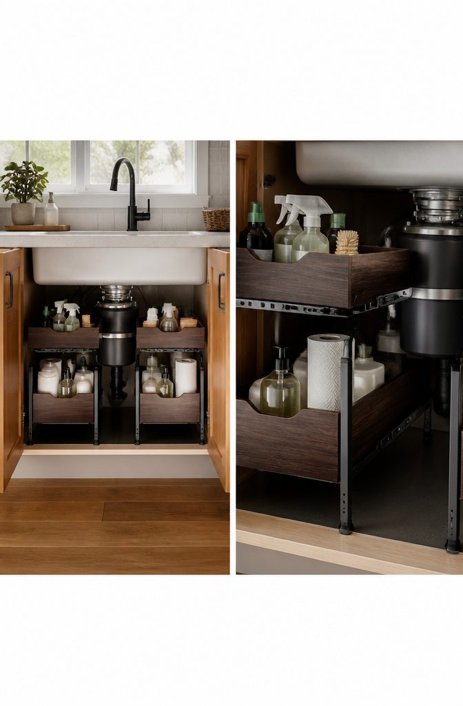 How to Organize Under the Kitchen Sink 4 A specialty organizer with pull-out drawers positioned around plumbing pipes.